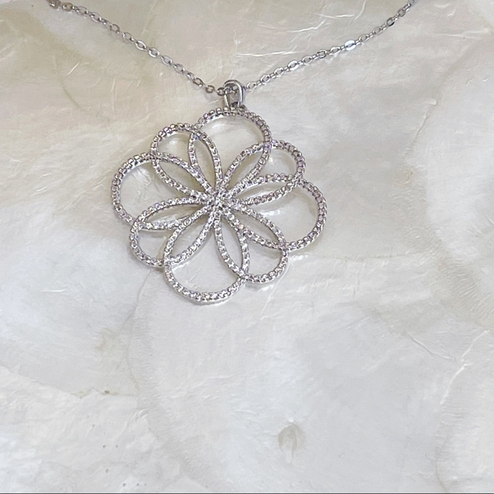 White Gold Plated Micro Pave CZ Floral Pendant Necklace Bridal 17” Wedding NEW
